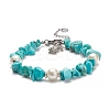 Synthetic Turquoise(Dyed) Chips & Imitation Pearl Beaded Bracelet with Alloy Turtle Charm BJEW-TA00145-1