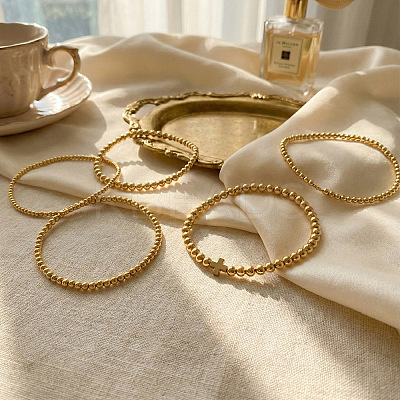 5Pcs 5 Styles Summer Brass Cross Round Beaded Stretch Bracelet Sets FV3491-1