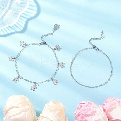 2Pcs 2 Styles 304 Stainless Steel Cable Chain Paperclip Chain Charm Double Layer Anklets for Women AJEW-AN00740-02-1