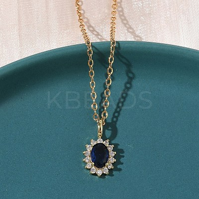 Brass Pave Clear and Blue Cubic Zirconia Oval Pendant 304 Stainless Steel Chain Necklaces for Women NJEW-D341-09G-1