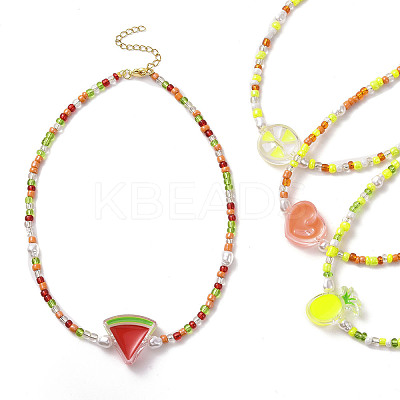 Acrylic Enamel Fruit Pendant Necklace with Glass Seed Chains for Women NJEW-JN04293-1