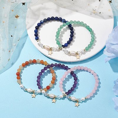 6mm Round Gemstone & Pearl Beaded Stretch Bracelets BJEW-JB10618-1