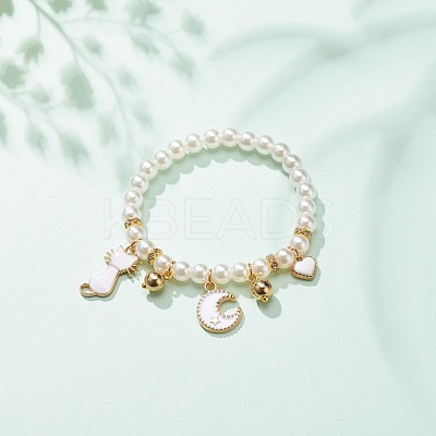 ABS Plastic Imitation Pearl Beaded Stretch Bracelet with Alloy Enamel Charms for Kids BJEW-JB08524-02-1