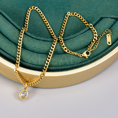 Oval Stainless Steel Clear Cubic Zirconia Pendant Necklaces & Curb Chain Bracelets Sets FS-WG5D0A2-01-1