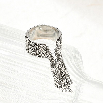 Round Ball Tassel 304 Stainless Steel Cuff Rings for Women RJEW-U039-03P-1