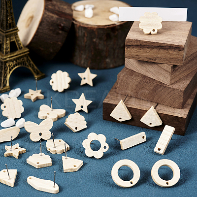 36Pcs 9 Styles Rectangle & Flower & Butterfly & Star Ash Wood Stud Earring Findings EJEW-TA0001-19-1