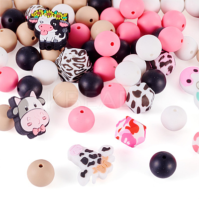 80Pcs Round & Cow Stripe Food Grade Eco-Friendly Silicone Focal Beads SIL-TA0002-68-1