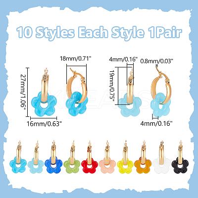 10 Pairs 10 Colors Handmade Lampwork with 304 Stainless Steel Hoop Earrings EJEW-WR00001-1
