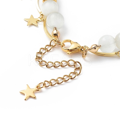 Cat Eye Round Beaded & Brass Link Chain Multi-strand Bracelet BJEW-JB08791-1