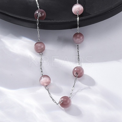 304 Stainless Steel Cat Eye Round Beads Handmade Chain Necklaces for Women NJEW-C073-01P-01-1