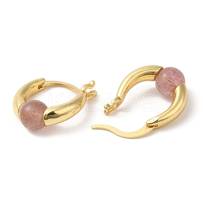 Natural Strawberry Quartz Round Beaded Hoop Earrings EJEW-A099-03G-02-1