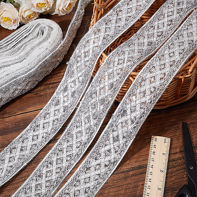Polyester Rhombus Embroidery Lace Trim OCOR-WH0090-83B-1