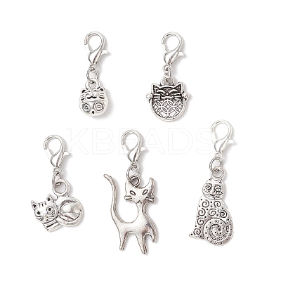 5Pcs Tibetan Style Alloy Kitten Pendant Decorations HJEW-JM03894-1