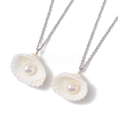 Natural Clam Shell & Imitation Pearl Pendant Necklaces NJEW-JN05006-1