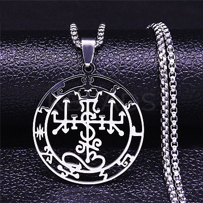 201 Stainless Steel Flat Round Sigil Pendant Necklaces NJEW-H065-19P-1
