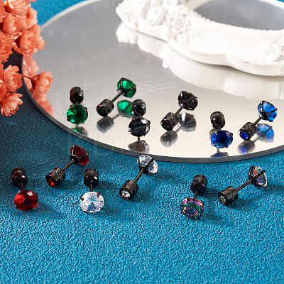 12Pcs 6 Colors Cubic Zirconia Diamond Stud Earrings EJEW-TA0001-09-1
