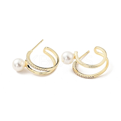 Clear Cubic Zirconia C-shape Stud Earrings with Acrylic Pearl EJEW-G297-04G-1