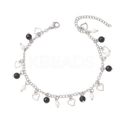 Natural Black Agate(Dyed & Heated) & Natural Pearl & 304 Stainless Steel Heart Tassel Curb Chain Anklets AJEW-AN00697-1