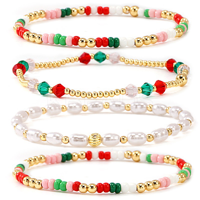 4Pcs Bohemian Glass Seed Bead & Plastic Pearl Beads Stretch Bracelets for Women WD6456-1-1