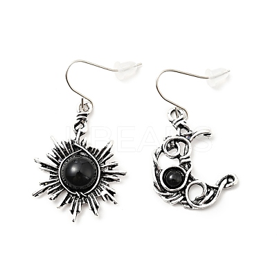 Resin Beaded Moon and Sun Asymmetrical Earrings EJEW-C036-01E-1