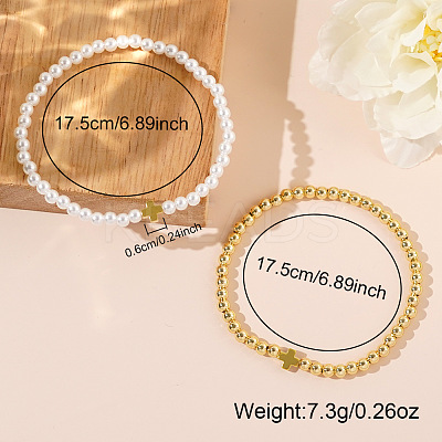 2Pcs Minimalist Imitation Pearl & Brass Cross Beaded Stretch Bracelet Sets QX2906-1-1