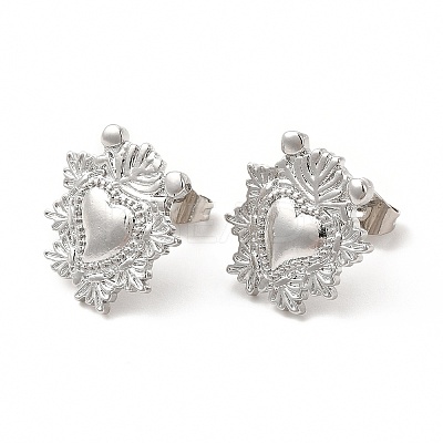 Rack Plating Brass Heart with Leaf Stud Earrings for Women EJEW-I283-01P-1