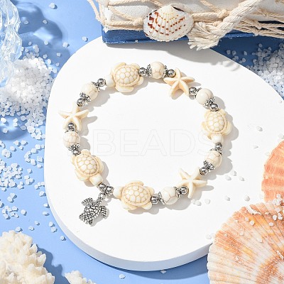 2Pcs 2 Colors Starfish & Turtle Dyed Synthetic Turquoise Beaded Stretch Bracelet Sets BJEW-JB10925-1