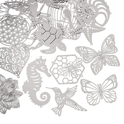 16Pcs 16 Styles 201 Stainless Steel Etched Metal Embellishments Connector Charms STAS-TA0003-39-1