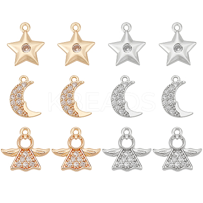 12Pcs 6 Style Rack Plating Brass Micro Pave Clear Cubic Zirconia Charms KK-BC0009-92-1