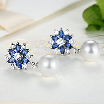 Platinum Plated Brass Flower Cubic Zirconia Stud Earrings EJEW-FF0002-08A-1