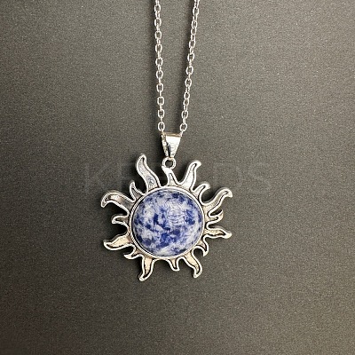 Natural Blue Spot Jasper Sun Pendant Alloy Chain Vintage Necklaces WB3716-18-1