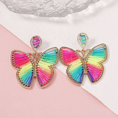 Bohemian Ethnic Style Alloy Frame Cotton Thread Woven Butterfly Stud Dangle Earrings for Women  FG8172-7-1