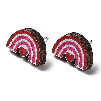 Valentine's Day Theme Printing Wood Stud Earrings for Women EJEW-B029-05-1