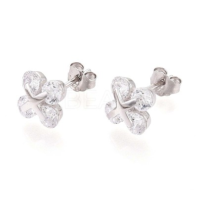 925 Sterling Silver Micro Pave Clear Cubic Zirconia Clover Stud Earrings STER-N016-80P-1