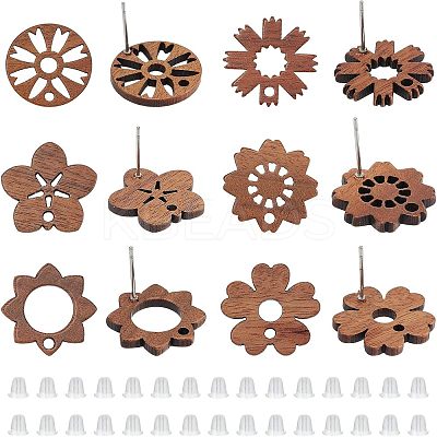 36Pcs 6 Style Walnut Wood Stud Earring Findings MAK-NB0001-11-1