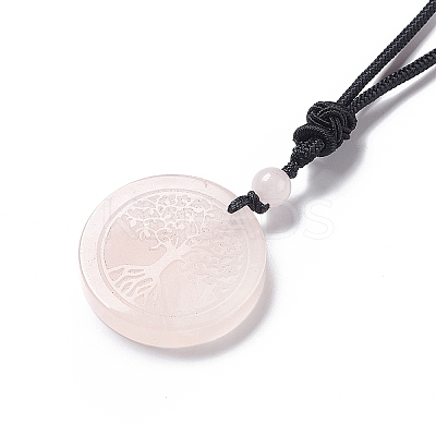 Natural Rose Quartz Flat Round with Tree of Life Pendant Necklace with Nylon Cord for Women NJEW-P274-03-06-1