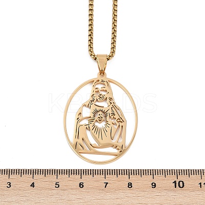201 Stainless Steel Oval with Hollow Juses Pendant Necklaces LS-NJEW-K283-05G-1