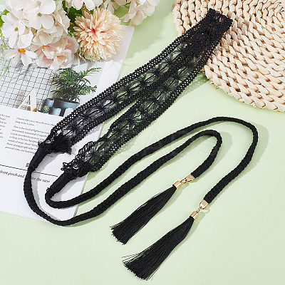 1Pc Cotton and Linen Flower Lace Tassel Waist Belly Belts AJEW-GF0012-32C-1