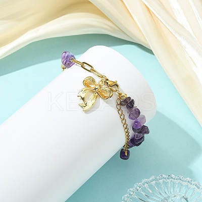 Natural Amethyst Chip Beads 304 Stainless Steel Paperclip Chain Bracelets with Alloy Bowknot Charms BJEW-JB14187-01-1
