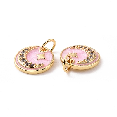 Flat Round with Moon & Star Brass Micro Pave Clear Cubic Zirconia Charms KK-G435-41G-1