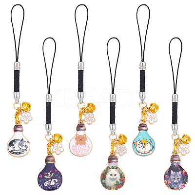 12Pcs 6 Colors Lamp Bulb with Cat Printed Alloy Mobile Straps HJEW-OC00003-1