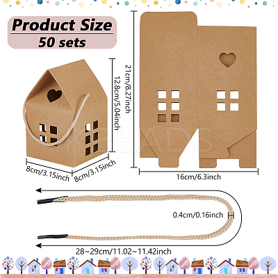 50 Bags House Shaped Paper Folding Candy Tote Boxes with Hollow Window and Rope Handles CON-BC0007-76B-1