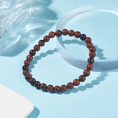 Natural Mahogany Obsidian Round Beaded Stretch Bracelet BJEW-JB07905-02-1
