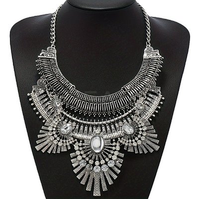 Alloy Crystal Rhinestone Ethnic Boho Trible Floral Chunky Bib Necklaces for Women FS-WG8FFE1-02-1