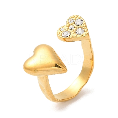 Heart 304 Stainless Steel Micro Pave Cubic Zirconia Open Cuff Rings RJEW-S415-01G-01-1