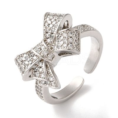 Bowknot Brass Micro Pave Clear Cubic Zirconia Open Cuff Rings for Women RJEW-C098-13P-1