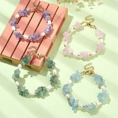 4Pcs 4 Style Natural Mixed Gemstone Chips & Pearl Beaded Bracelets Set BJEW-TA00349-1