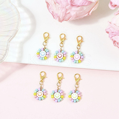 Glass Seed & Acrylic Smiling Face Pendant Decorations HJEW-JM04206-1