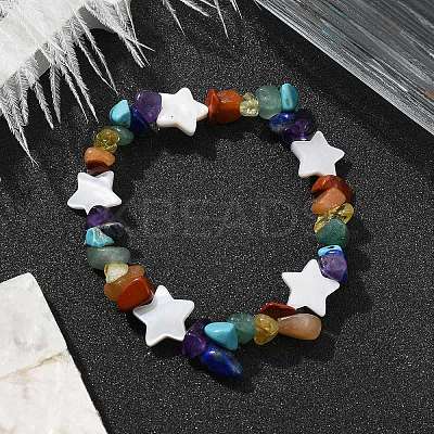 Natural & Synthetic Mixed Gemstone Chips & Shell Beaded Stretch Bracelet BJEW-JB09897-03-1