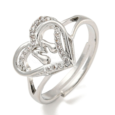 Heart with Letter Rack Plating Brass Micro Pave Clear Cubic Zirconia Adjustable Rings for Women RJEW-I105-01P-M-1